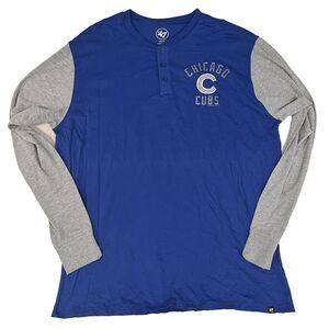 Chicago Cubs ’47 Brand Henley Shirt Mens XXL Blue Gray Sleeves Embroidered Logo